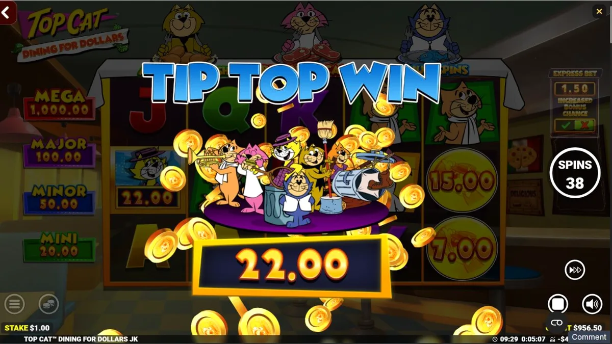 Personagens de Top Cat em um cenário de lanchonete retrô no slot Dining For Dollars