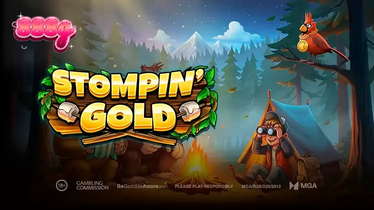 Cena da floresta com o explorador Jack Tracker e as criaturas Biggie e Boogie no slot Stompin' Gold