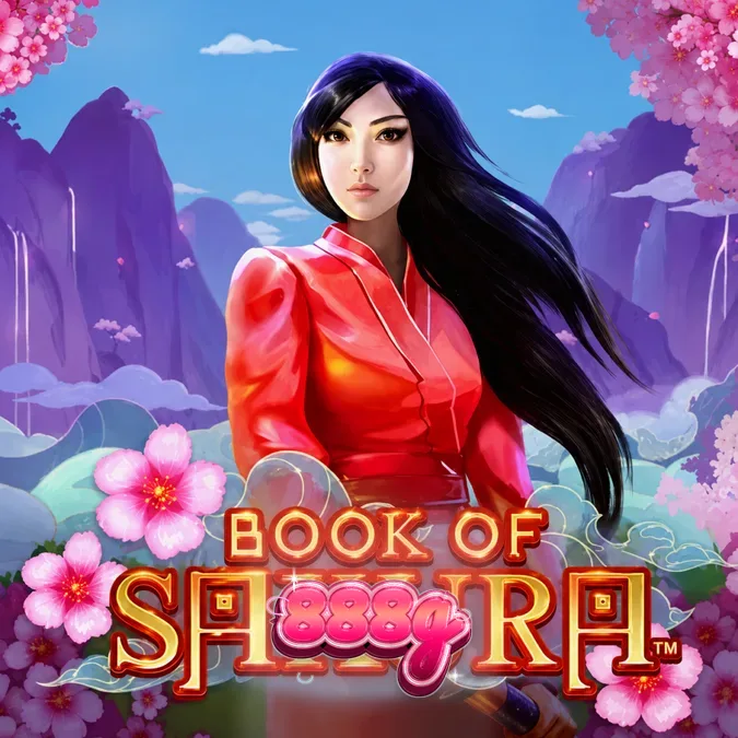 Interface do jogo de slot Book of Sakura com tema de flores de cerejeira.